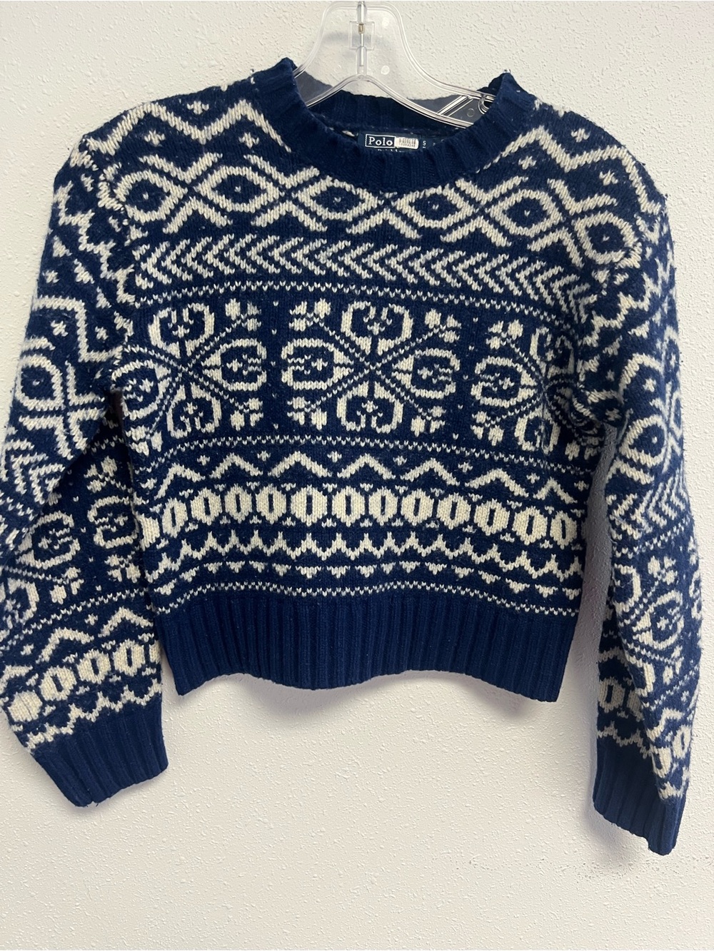 Vintage Polo Ralph Lauren Wool Blend Fair Isle Sweater Navy Cream Cropped S